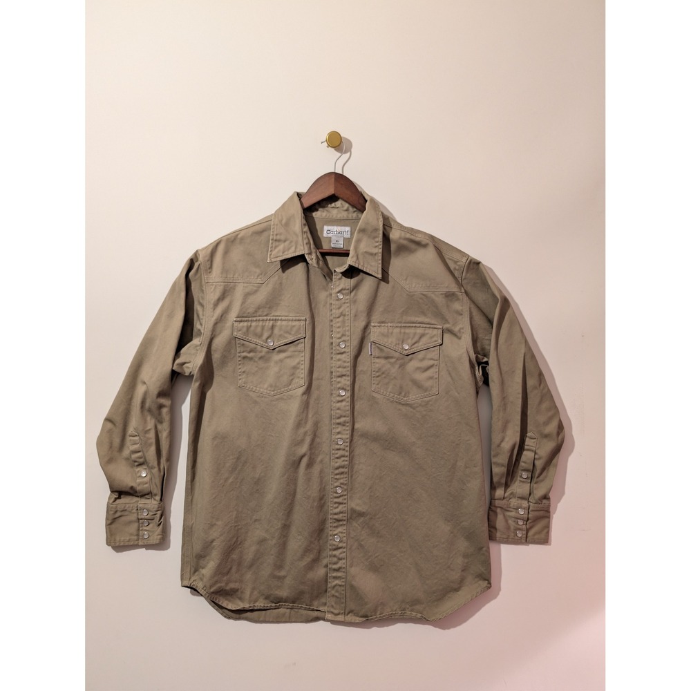 Carhartt Western Snap Shirt Mens XL Tan Khaki Excellent Cotton Canvas Workwear